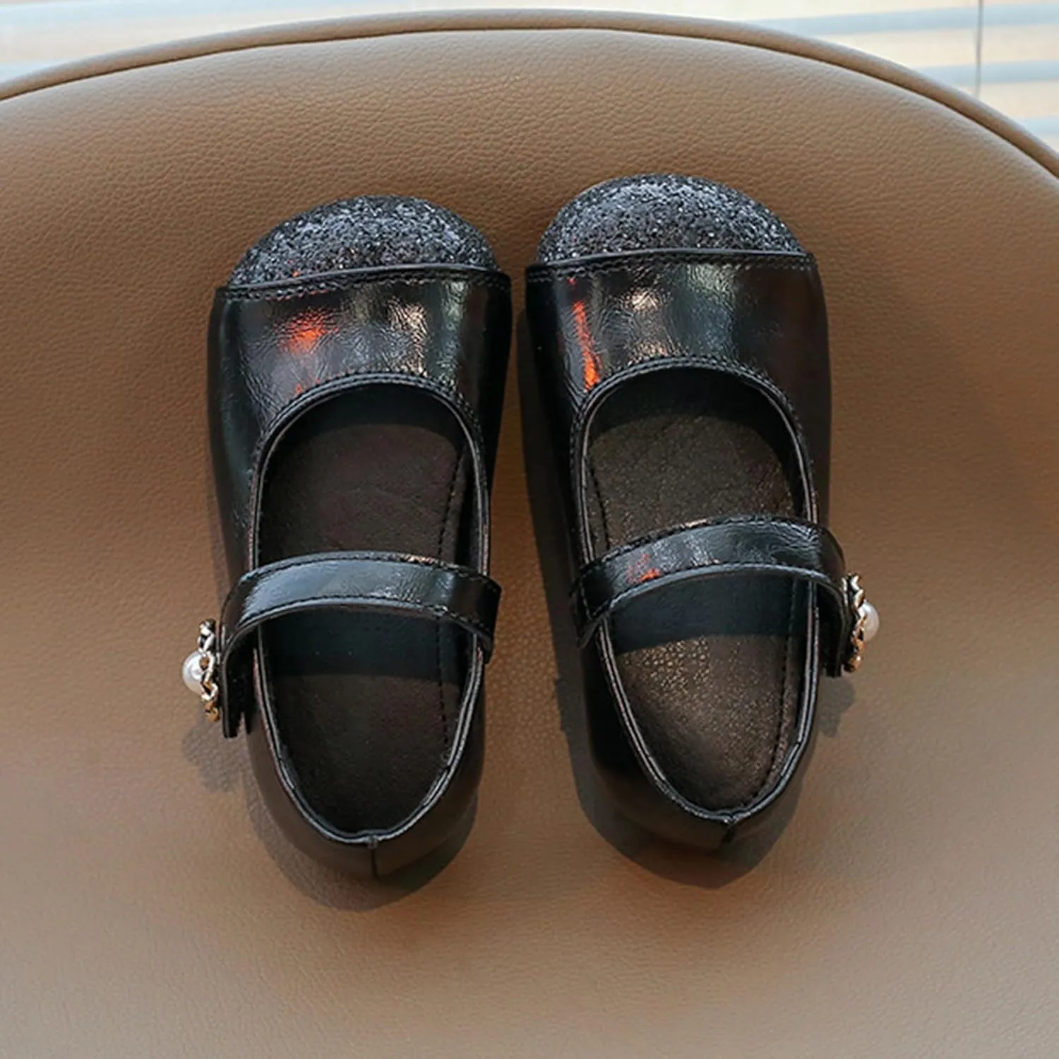 Girls Dress Shoes School Mary Jane Ballet Flats with Pearl Strap for Flower Girl Wedding Party Leather Dance Shoes