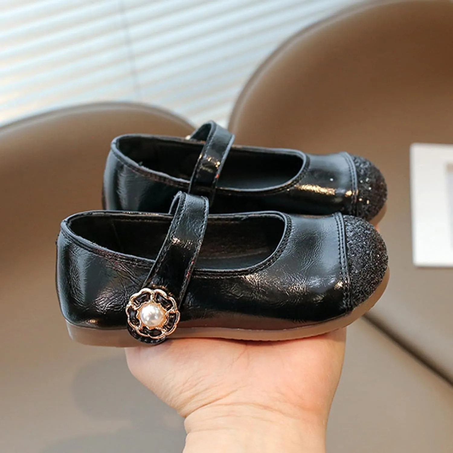 Girls Dress Shoes School Mary Jane Ballet Flats with Pearl Strap for Flower Girl Wedding Party Leather Dance Shoes