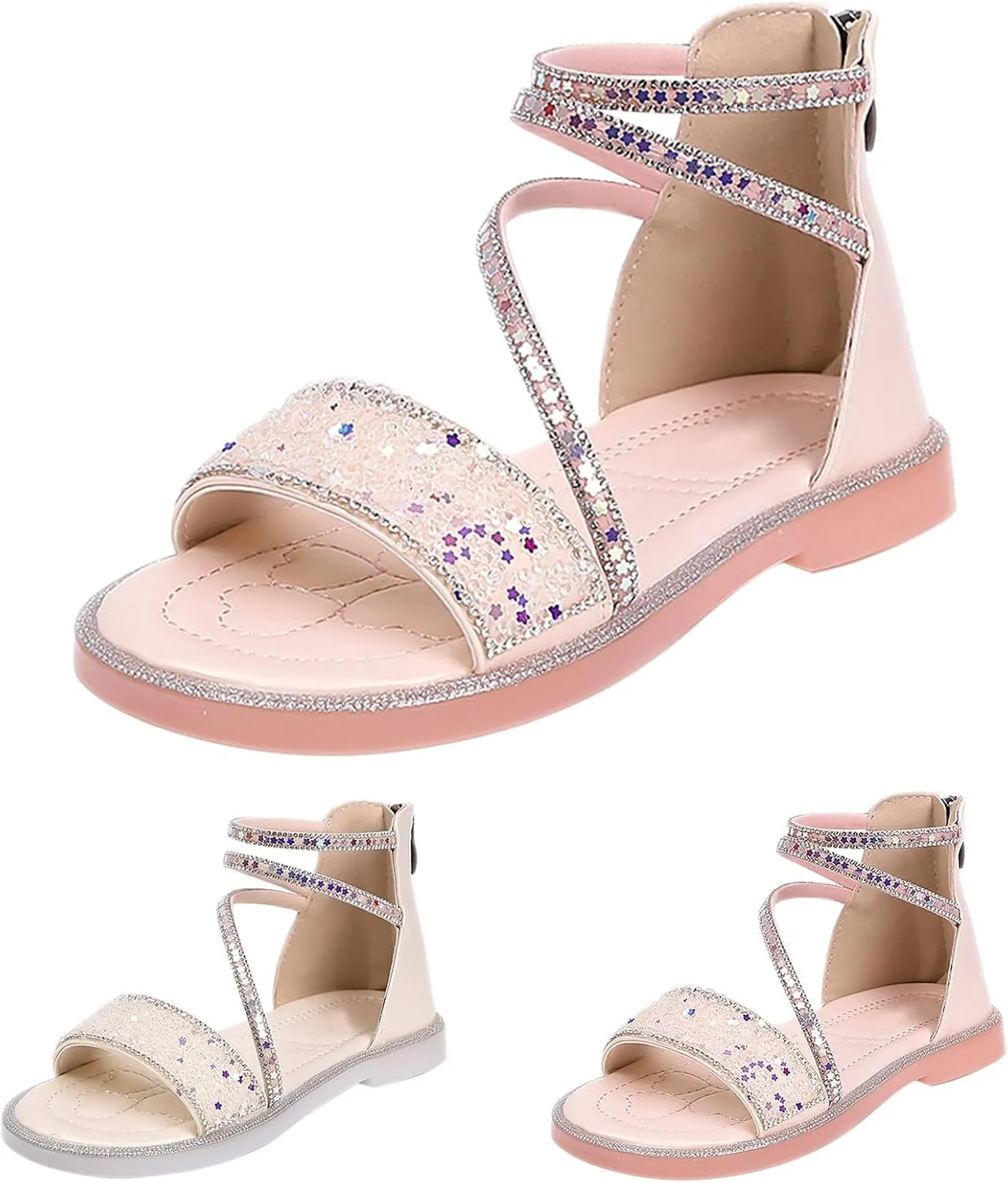 Girls ladiator Sandals Cute Strappy Sparkly Lightweight Princess Sandals with Zipper Kids Summer Beach Roman Shoes
