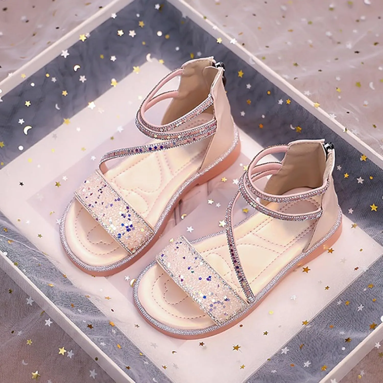 Girls ladiator Sandals Cute Strappy Sparkly Lightweight Princess Sandals with Zipper Kids Summer Beach Roman Shoes