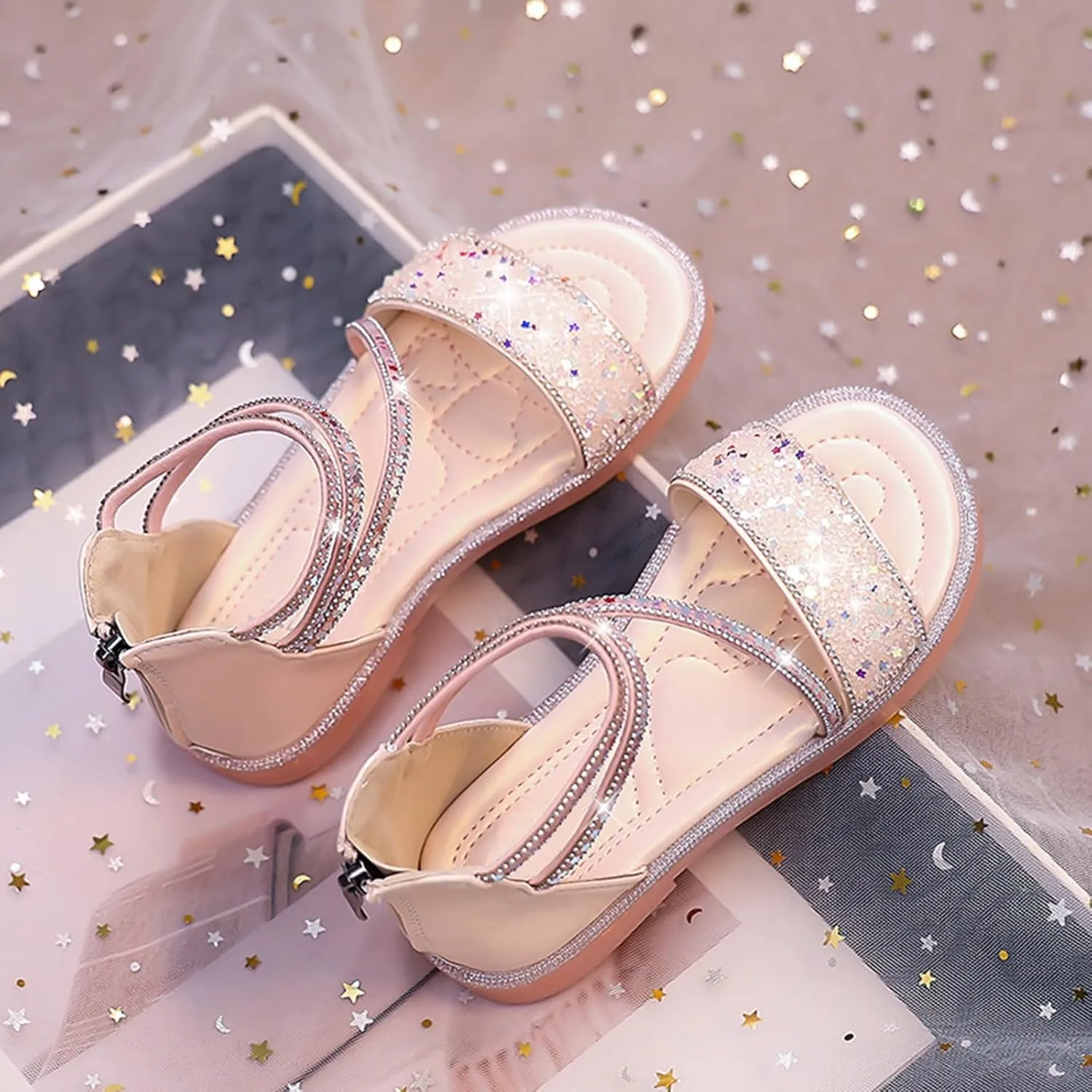Girls ladiator Sandals Cute Strappy Sparkly Lightweight Princess Sandals with Zipper Kids Summer Beach Roman Shoes