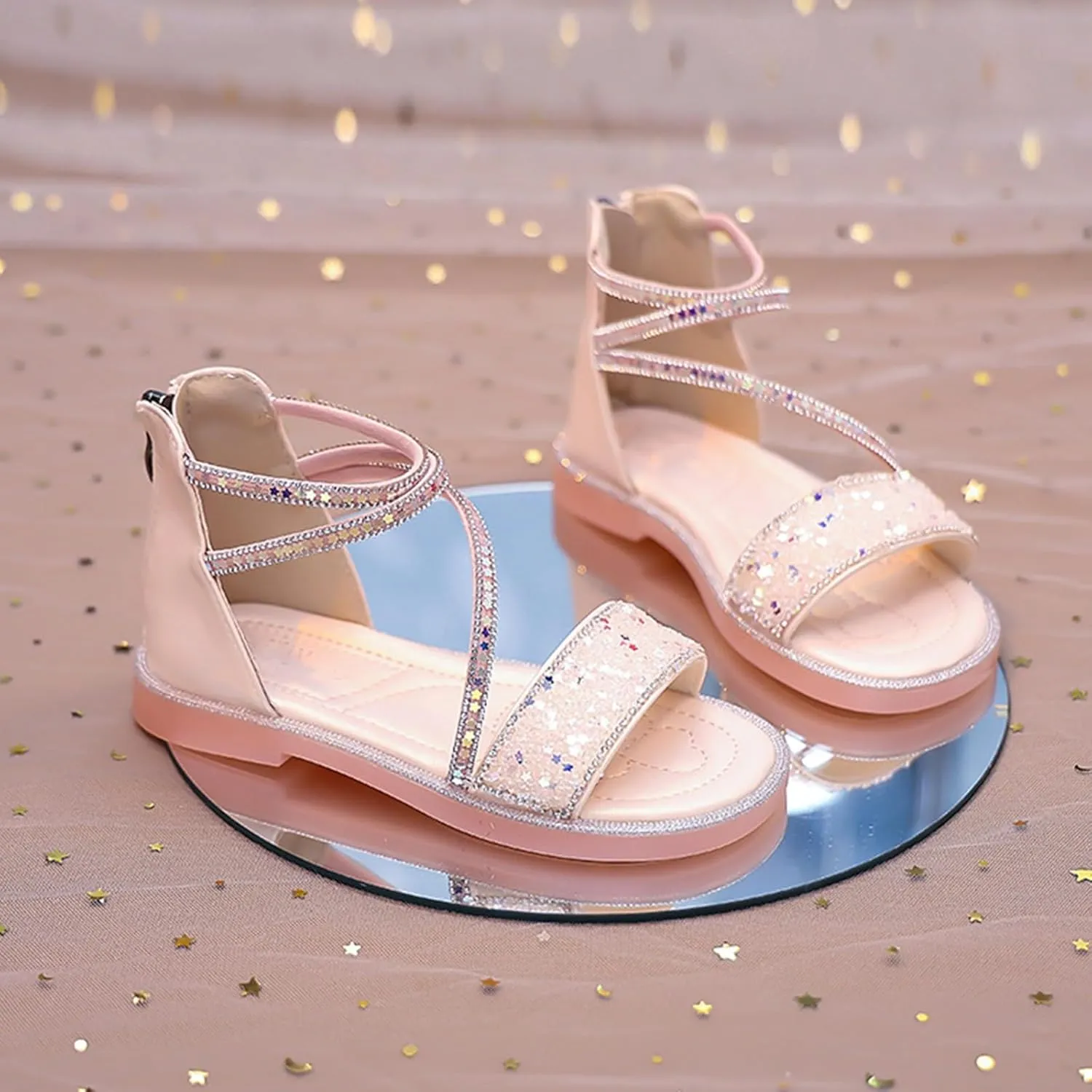 Girls ladiator Sandals Cute Strappy Sparkly Lightweight Princess Sandals with Zipper Kids Summer Beach Roman Shoes