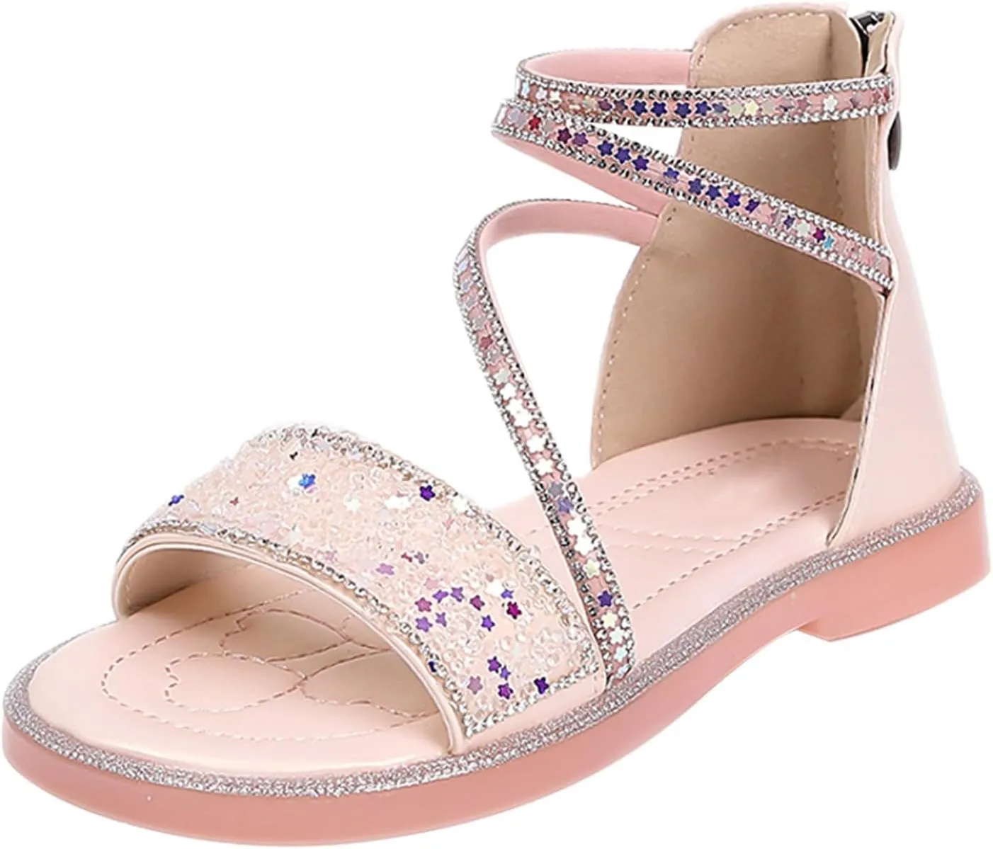 Girls ladiator Sandals Cute Strappy Sparkly Lightweight Princess Sandals with Zipper Kids Summer Beach Roman Shoes