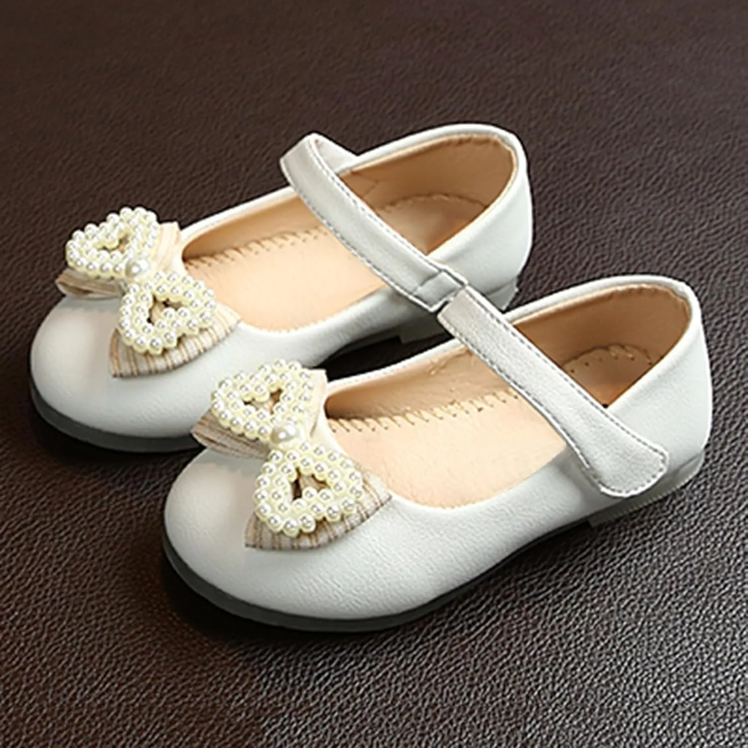 Girls Mary Jane Pearl Bowknot Ballerina Flat Shoes Flower Girl Wedding Party Bridesmaids Shoes Princess Ballet Flats