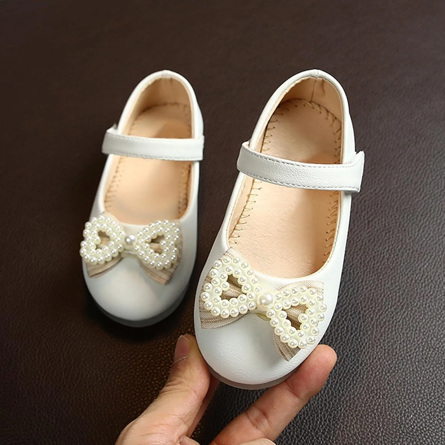 Girls Mary Jane Pearl Bowknot Ballerina Flat Shoes Flower Girl Wedding Party Bridesmaids Shoes Princess Ballet Flats