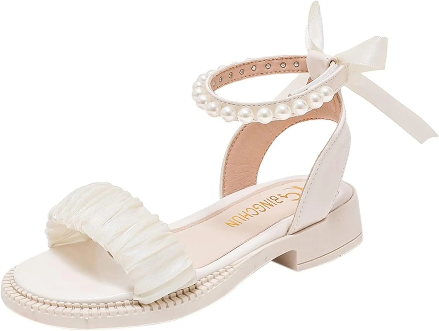 Girls Open Toe Pearl Ankle Strap Sandals Kids Platform Dress Shoes Wedding Party Princess Dance Shoes for Summer