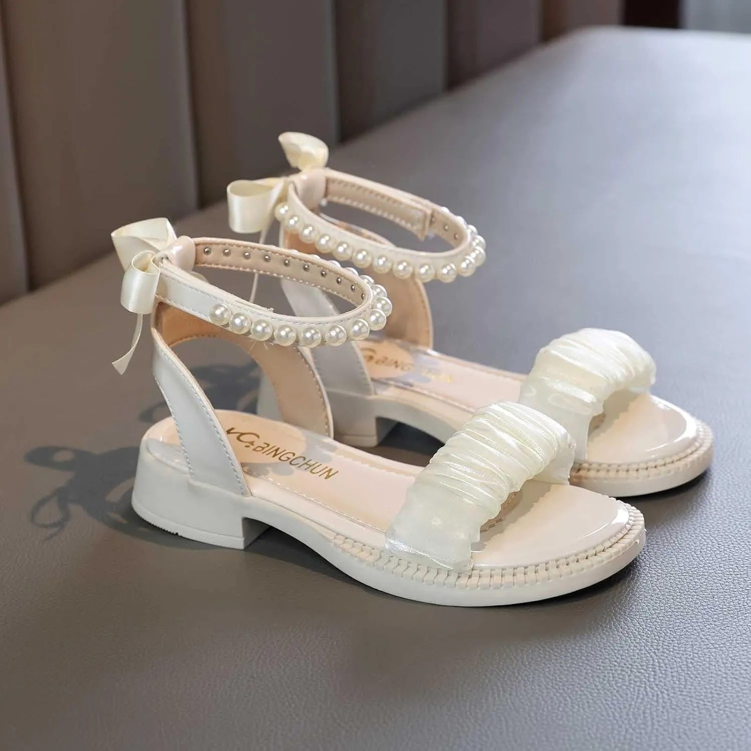 Girls Open Toe Pearl Ankle Strap Sandals Kids Platform Dress Shoes Wedding Party Princess Dance Shoes for Summer