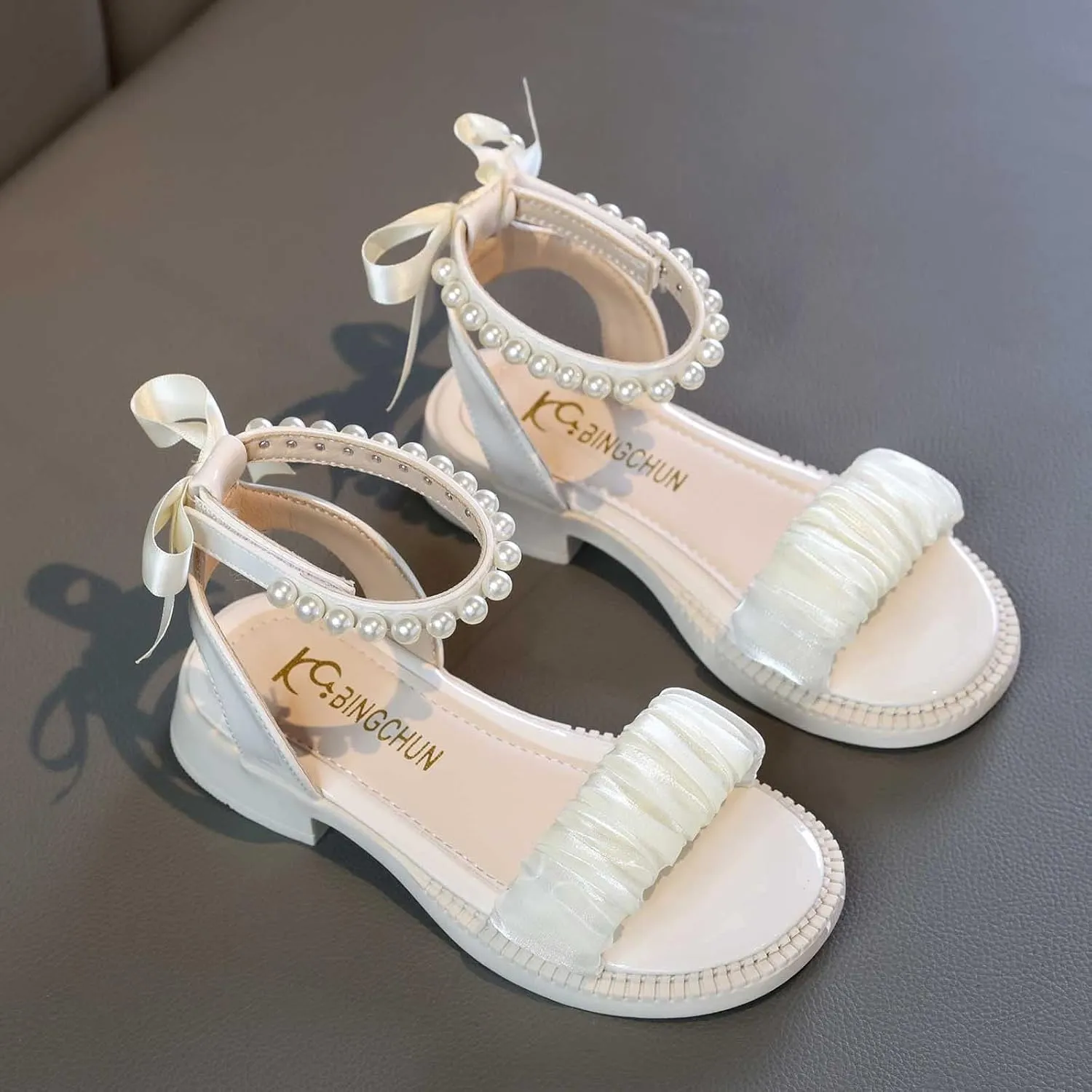 Girls Open Toe Pearl Ankle Strap Sandals Kids Platform Dress Shoes Wedding Party Princess Dance Shoes for Summer