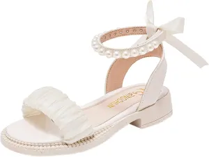 Girls Open Toe Pearl Ankle Strap Sandals Kids Platform Dress Shoes Wedding Party Princess Dance Shoes for Summer