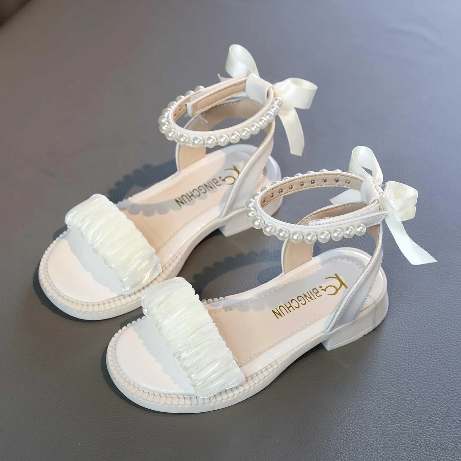 Girls Open Toe Pearl Ankle Strap Sandals Kids Platform Dress Shoes Wedding Party Princess Dance Shoes for Summer