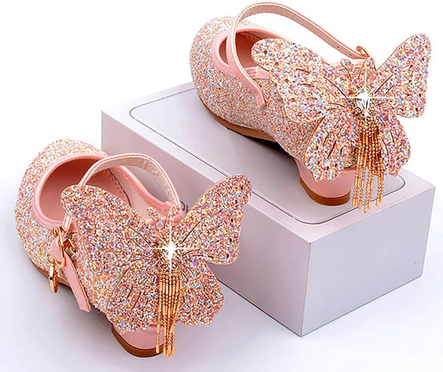 Girls Wedding Dress Shoes Performance Shoes Sequins Butterfly Rhinestone Girls Princess Shoes Party Sandals for