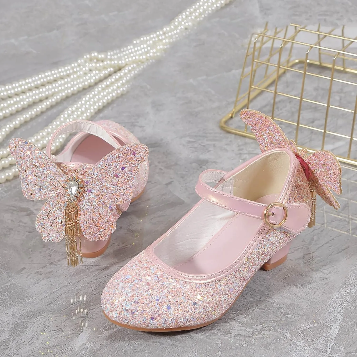 Girls Wedding Dress Shoes Performance Shoes Sequins Butterfly Rhinestone Girls Princess Shoes Party Sandals for
