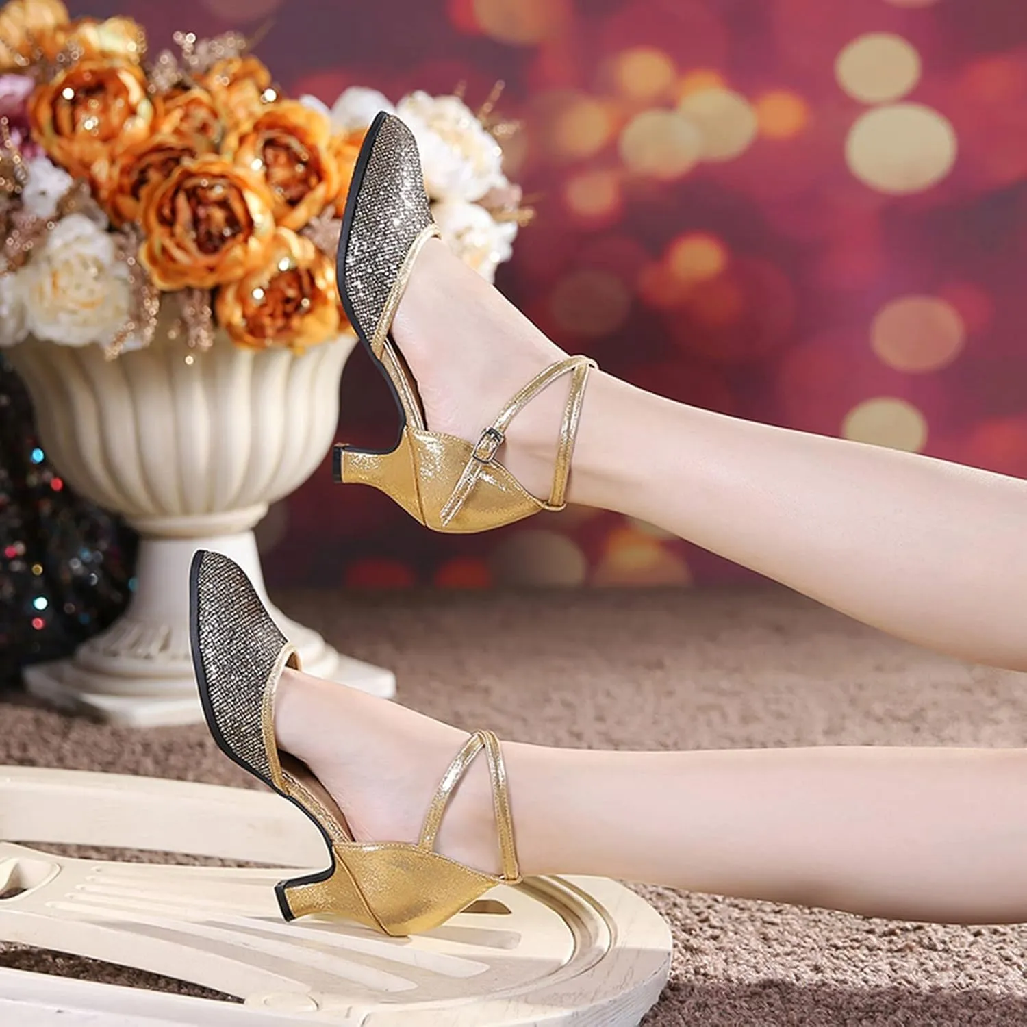 Heels for Women Latin Dance Shoes Sequin Closed Toe Sandals Women Ballroom Performance Dance Shoes with Buckle