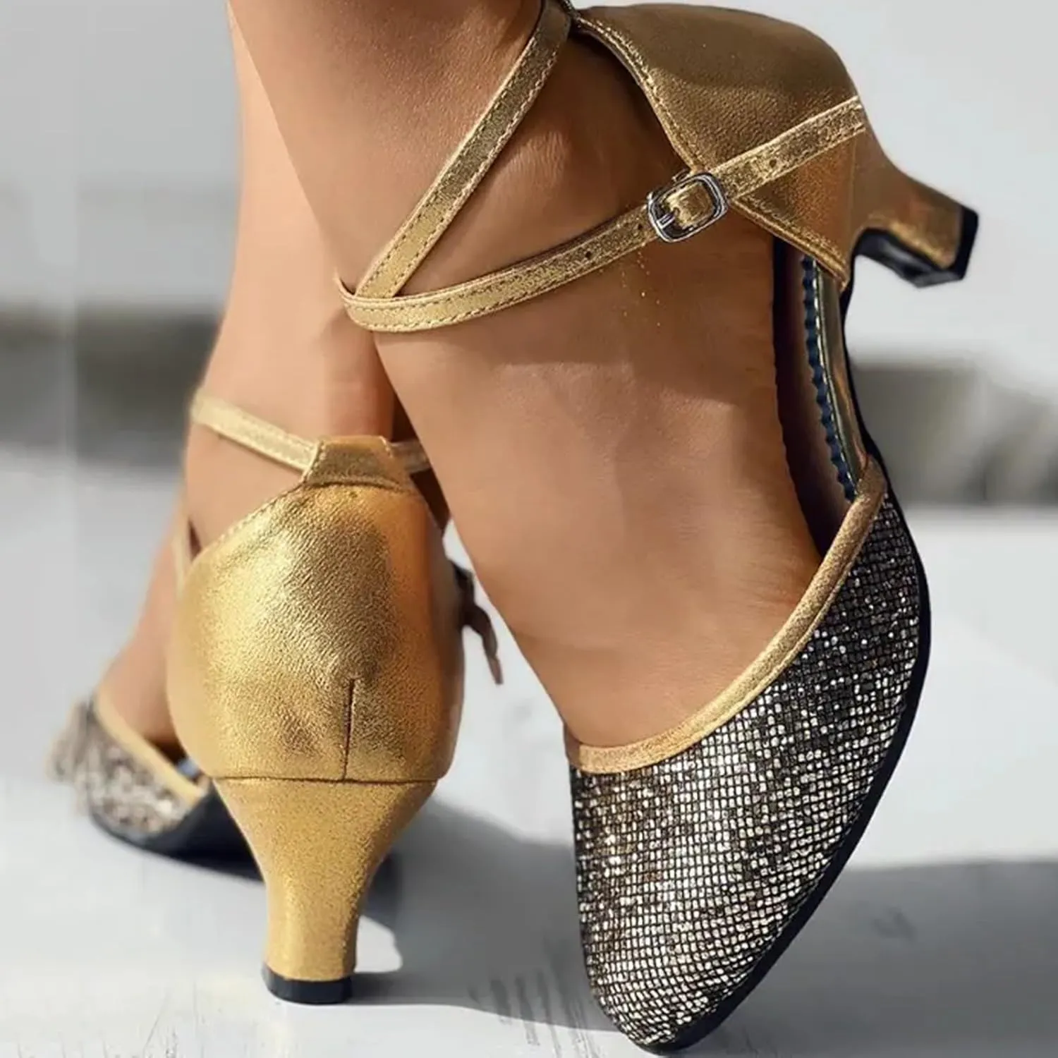 Heels for Women Latin Dance Shoes Sequin Closed Toe Sandals Women Ballroom Performance Dance Shoes with Buckle