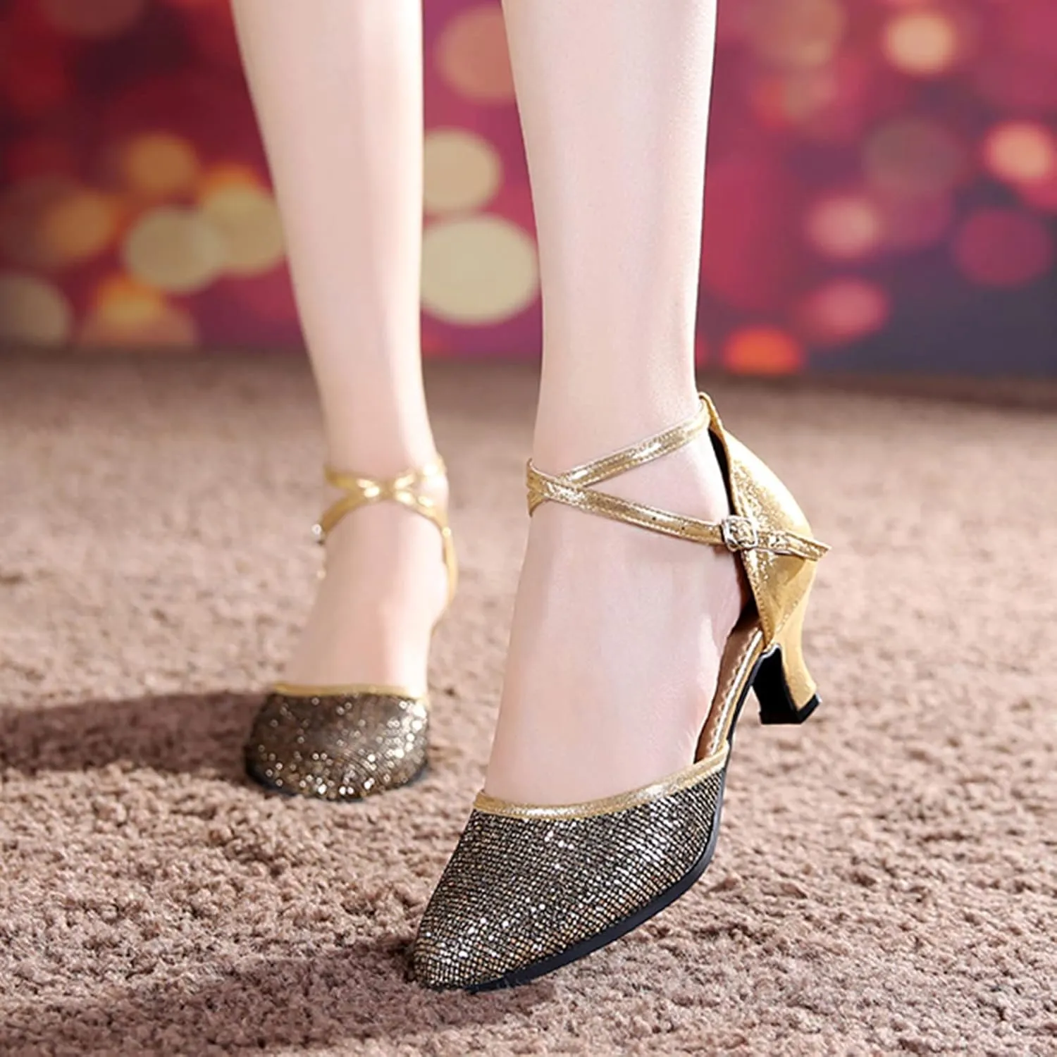 Heels for Women Latin Dance Shoes Sequin Closed Toe Sandals Women Ballroom Performance Dance Shoes with Buckle