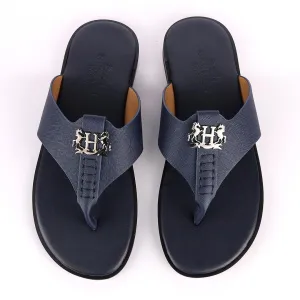Hermes Paris With Logo Blue Leather Slippers