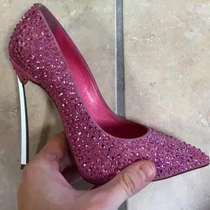 Hot Pink Heels Pointed Toe Rhinestone Metal Heel Catwalk Show High Heels