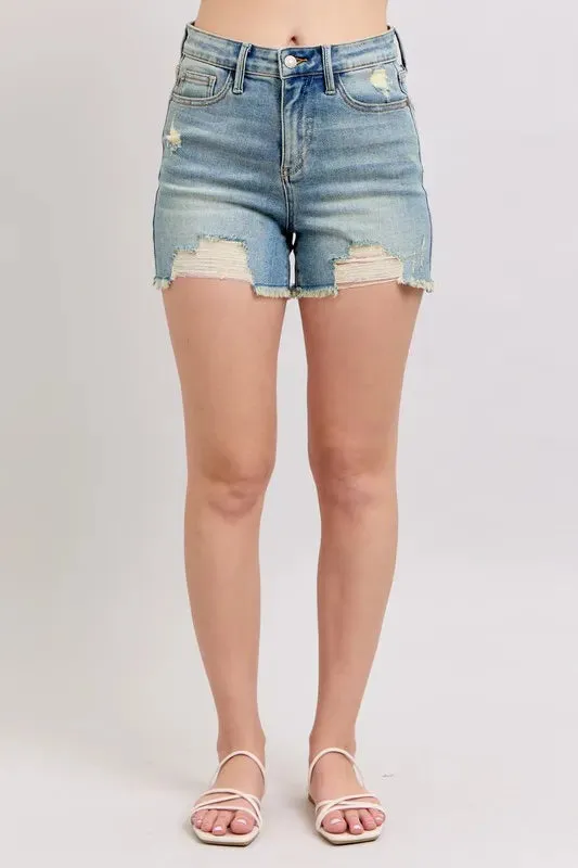 Judy Blue High Rise Washed Fly Stitch Detail and Destroy Denim Shorts