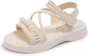 Kids Teen Girl Strap Open Toe Sandals Pearl Flat Bottomed Non Slip Daily Casual Dress Roman Shoes