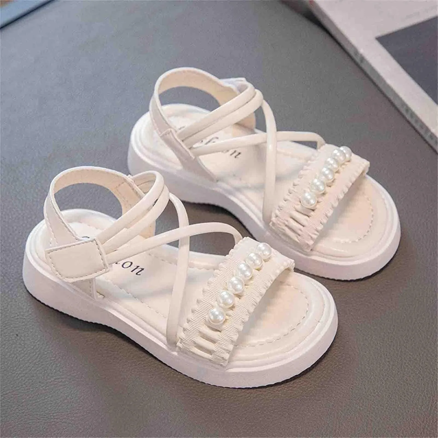 Kids Teen Girl Strap Open Toe Sandals Pearl Flat Bottomed Non Slip Daily Casual Dress Roman Shoes
