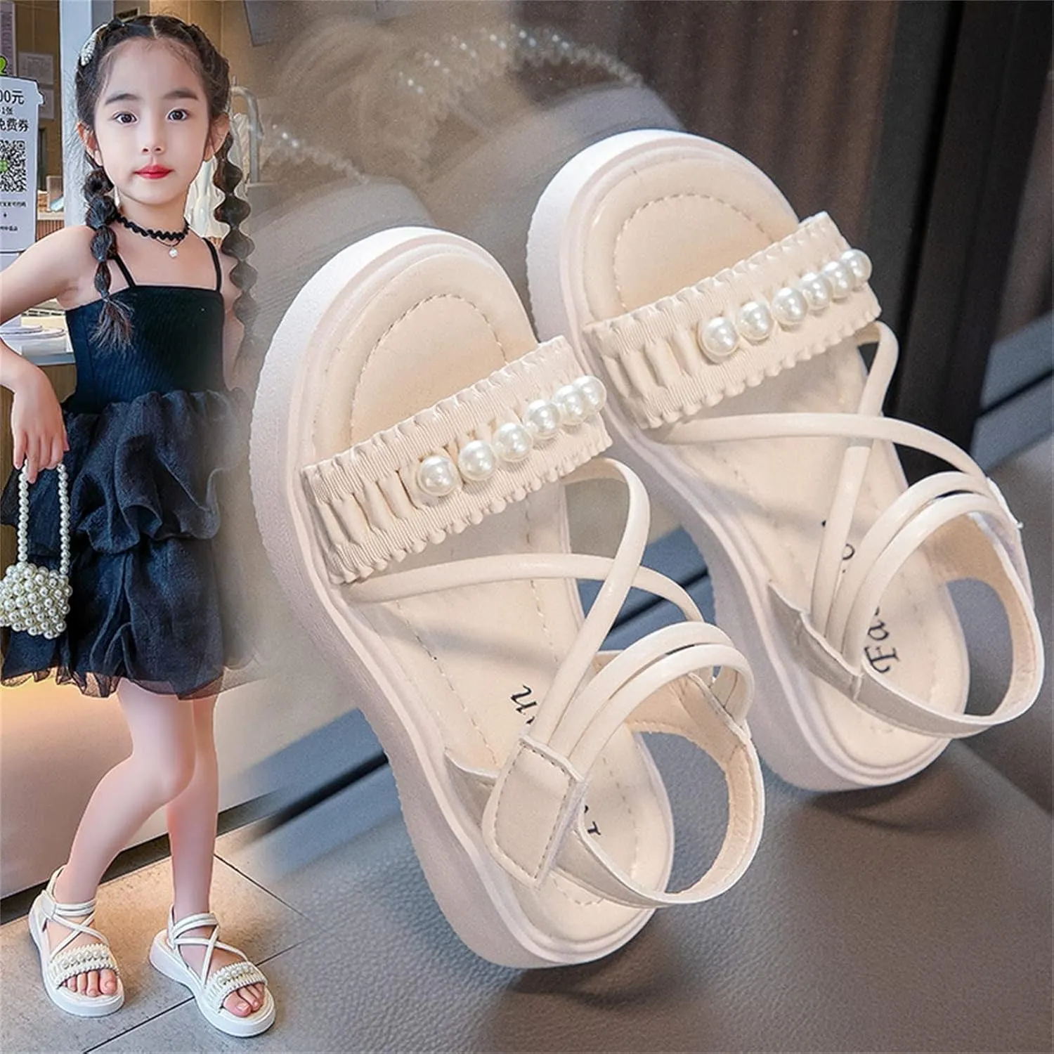Kids Teen Girl Strap Open Toe Sandals Pearl Flat Bottomed Non Slip Daily Casual Dress Roman Shoes
