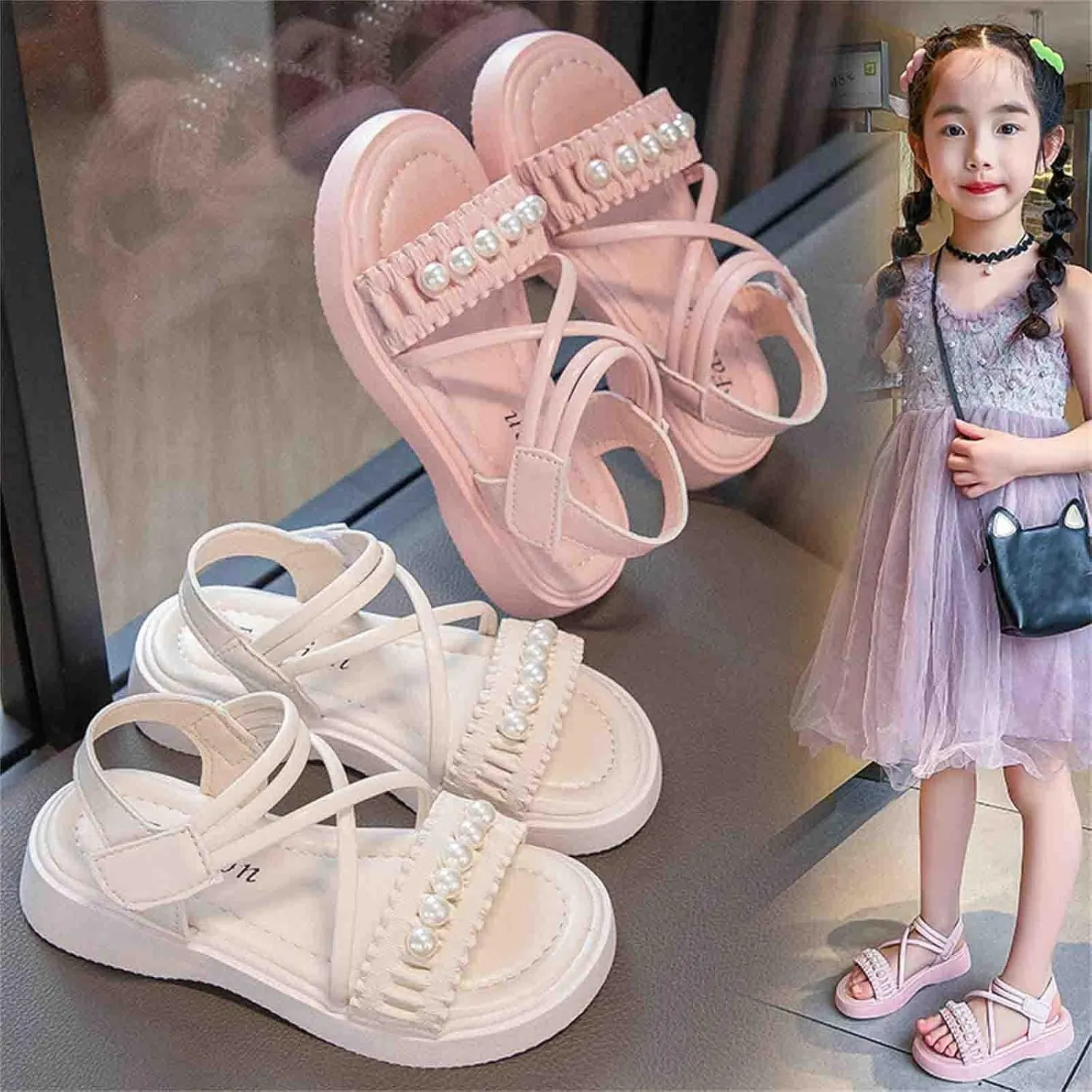 Kids Teen Girl Strap Open Toe Sandals Pearl Flat Bottomed Non Slip Daily Casual Dress Roman Shoes