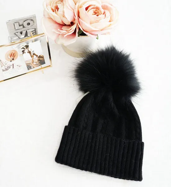 Knitted Beanie with Fox Fur Pom-HT2402