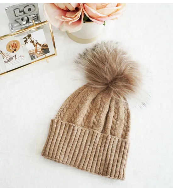 Knitted Beanie with Fox Fur Pom-HT2402