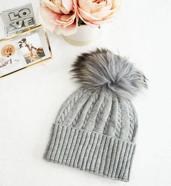 Knitted Beanie with Fox Fur Pom-HT2402