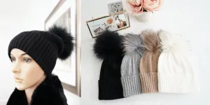 Knitted Beanie with Fox Fur Pom-HT2402