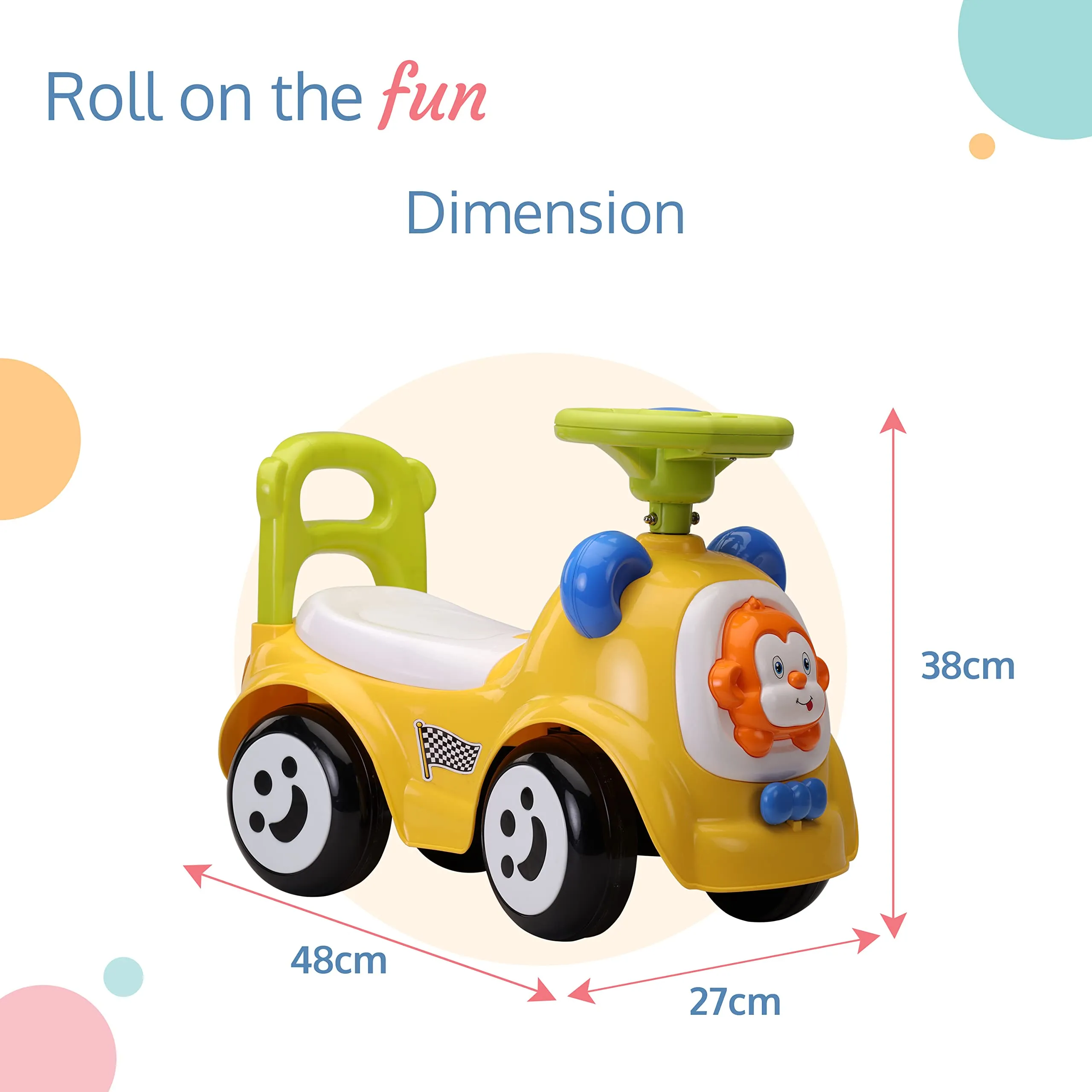 LuvLap Sunny Ride on & Car for Kids with Music & Horn Steering, Push Car for Baby with Backrest, Safety Guard, Under Seat Storage & Big Wheels, Ride on for Kids 1 to 3 Years Upto 25 Kgs (Yellow)