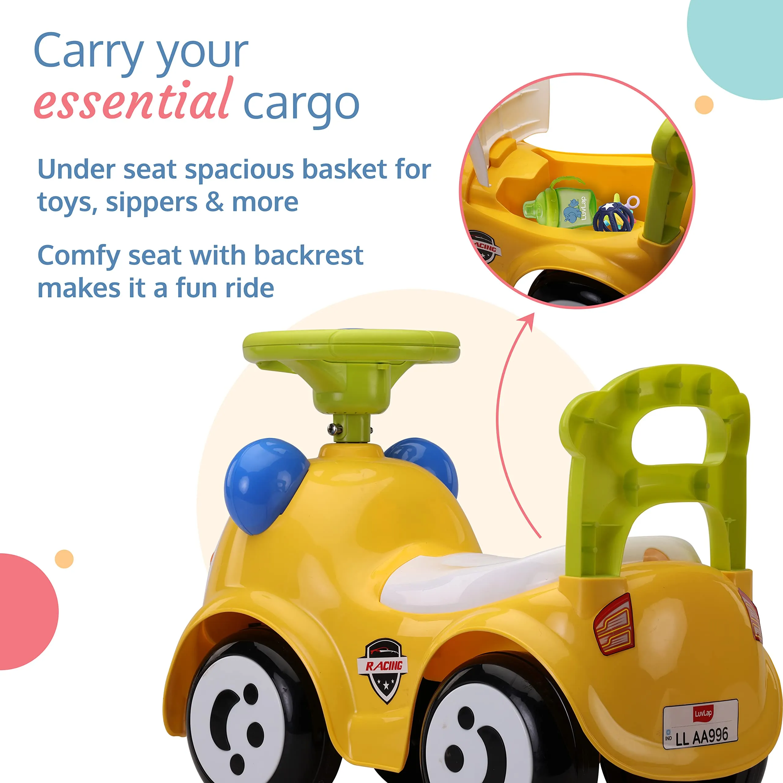 LuvLap Sunny Ride on & Car for Kids with Music & Horn Steering, Push Car for Baby with Backrest, Safety Guard, Under Seat Storage & Big Wheels, Ride on for Kids 1 to 3 Years Upto 25 Kgs (Yellow)