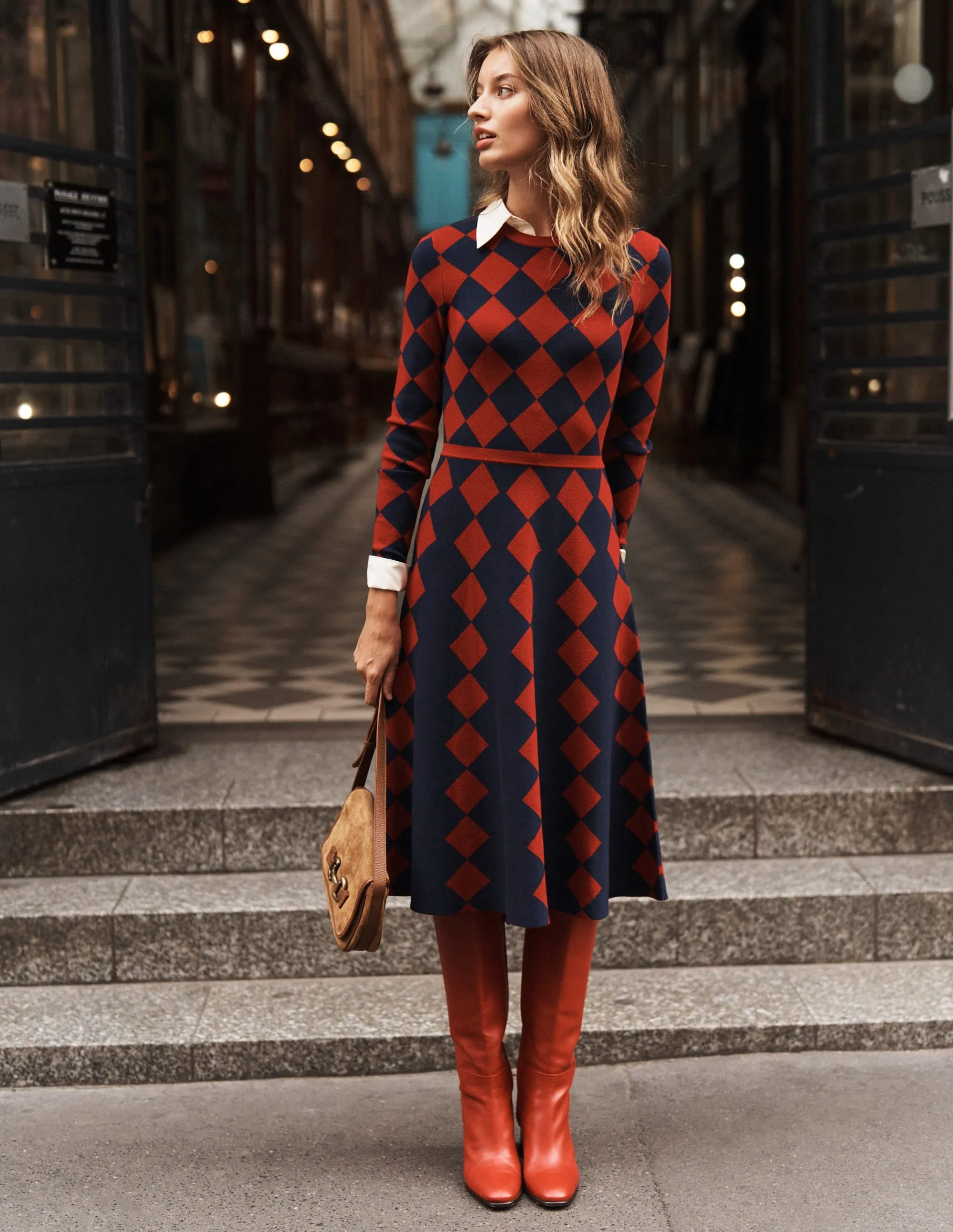 Maria Jacquard Knitted Dress-Red and Navy Argyle
