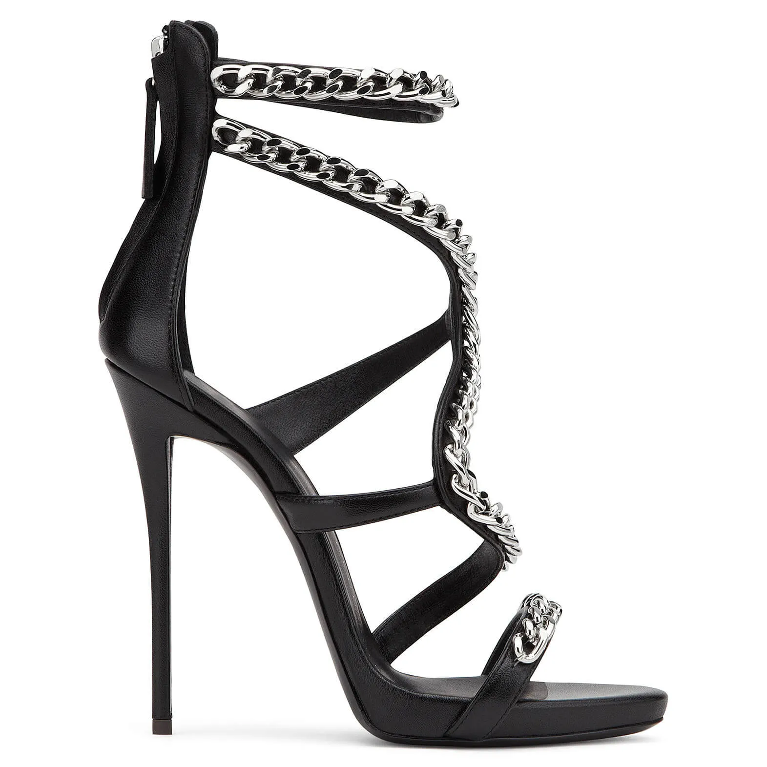 Metal Chain Suede Open-toe Zipper Stiletto High Heels Party Sandals