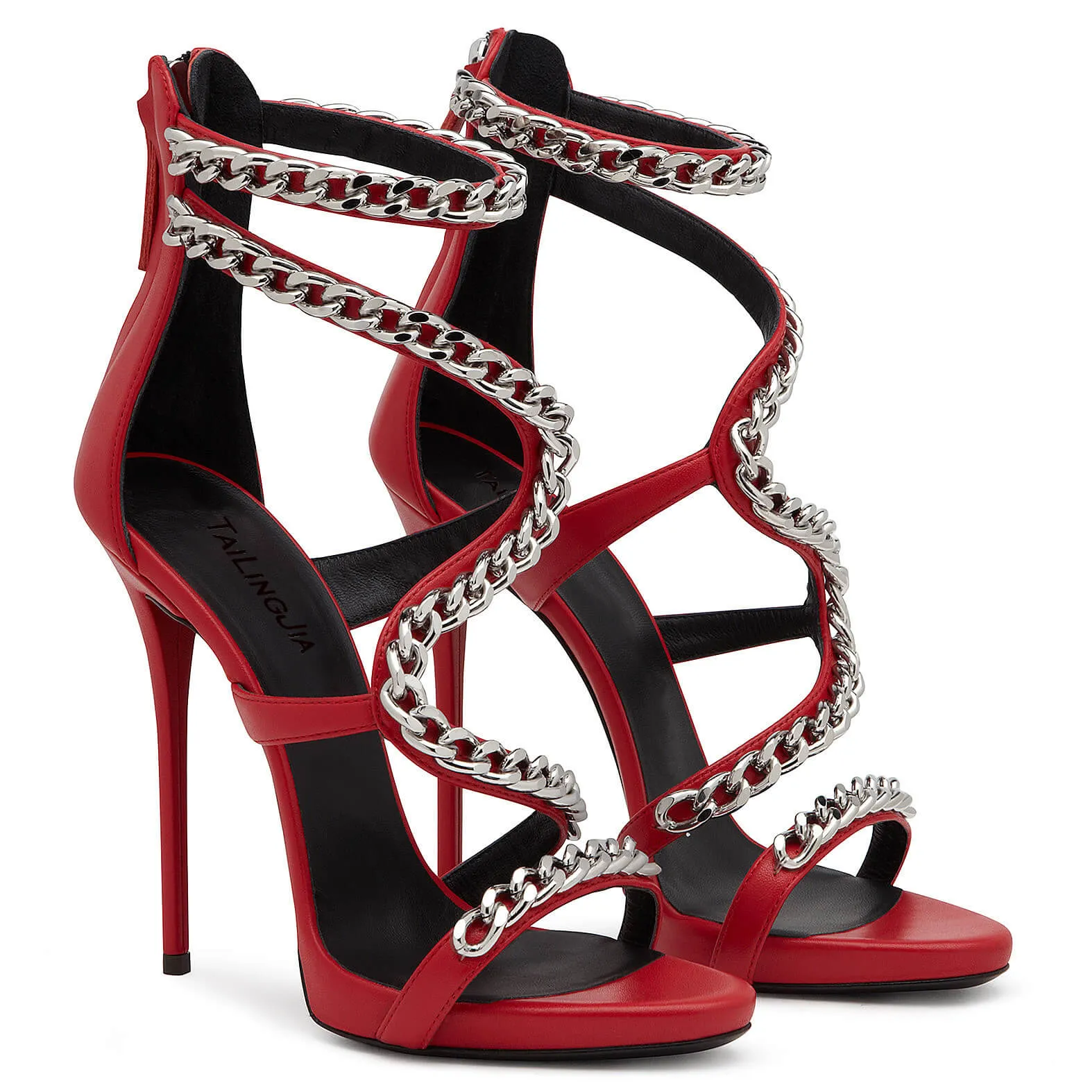 Metal Chain Suede Open-toe Zipper Stiletto High Heels Party Sandals