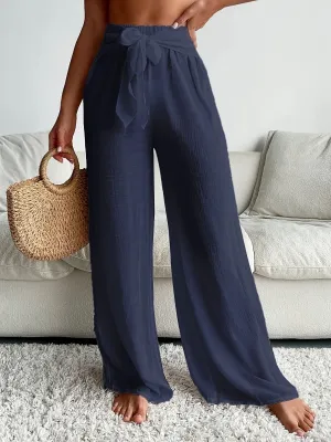 Navy Blue Summer Lace Up Wide Leg Pants Chic and Comfortable