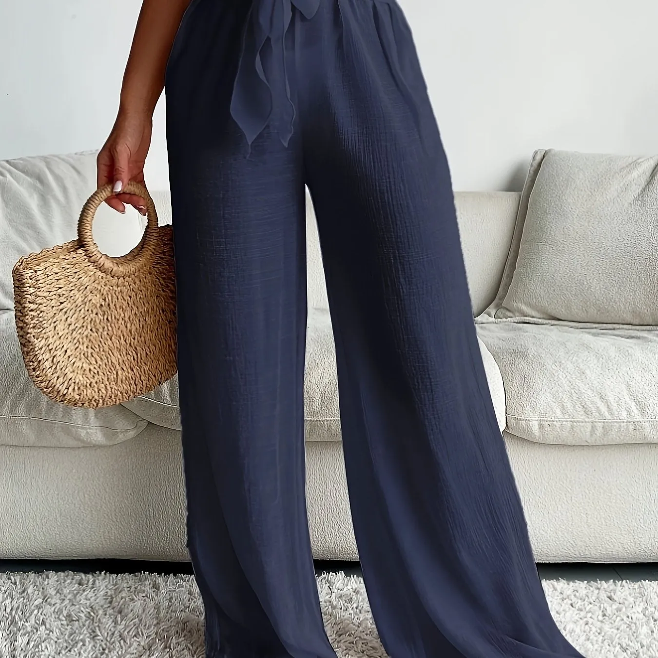 Navy Blue Summer Lace Up Wide Leg Pants Chic and Comfortable