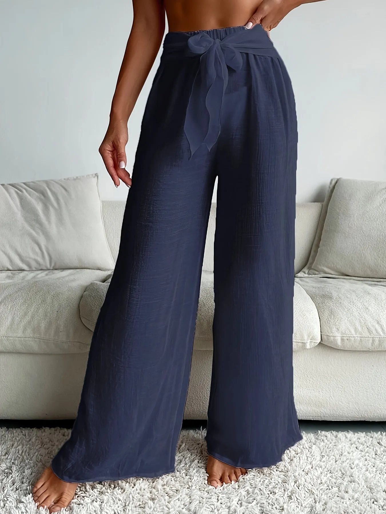 Navy Blue Summer Lace Up Wide Leg Pants Chic and Comfortable