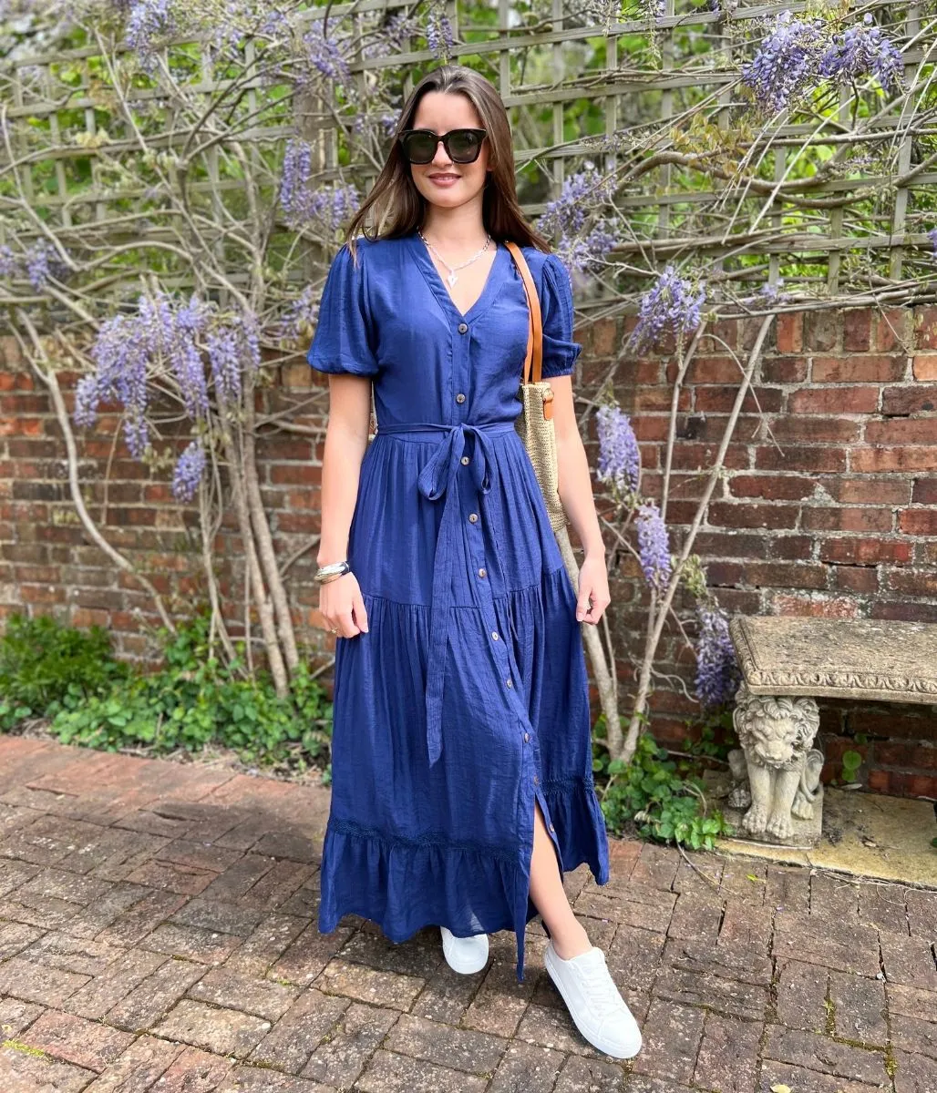 Navy Button Through Maxi Dress