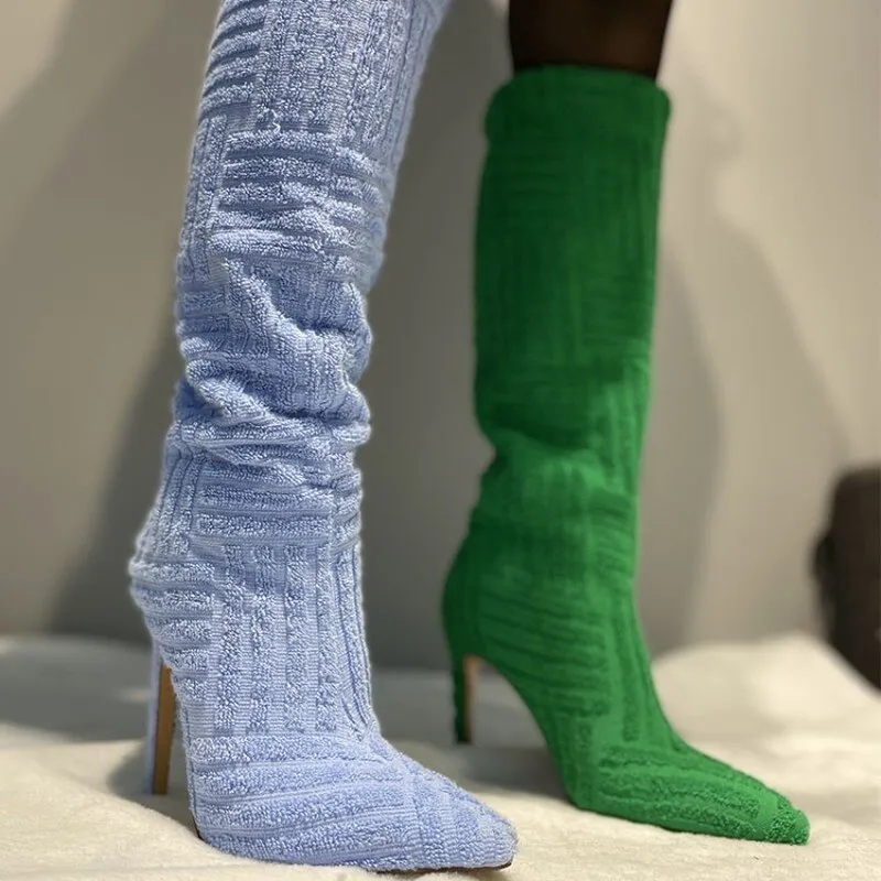 New orange pointed knee boots cloth flannelette high heels boots rectangular stripe stitching fashion