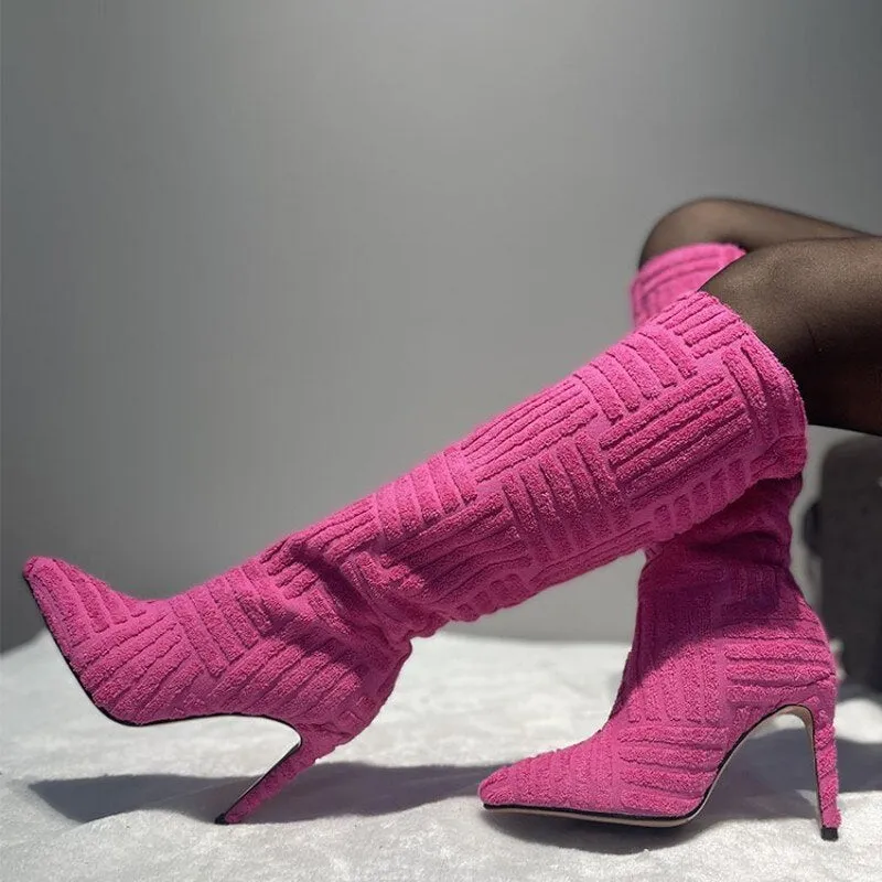 New orange pointed knee boots cloth flannelette high heels boots rectangular stripe stitching fashion