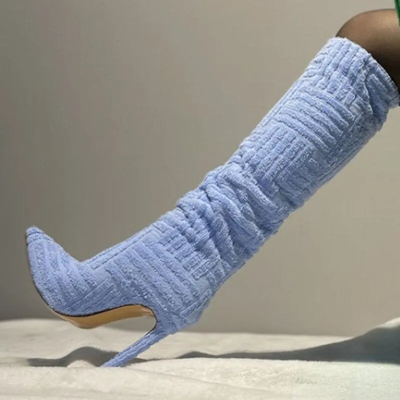 New orange pointed knee boots cloth flannelette high heels boots rectangular stripe stitching fashion