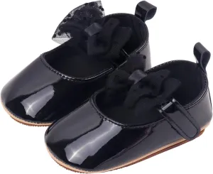 Newborn Baby Girl Leather Dress Shoes Infant Prewalker Mary Jane with Bowknot Lightweight Anti-Slip Princess Flats