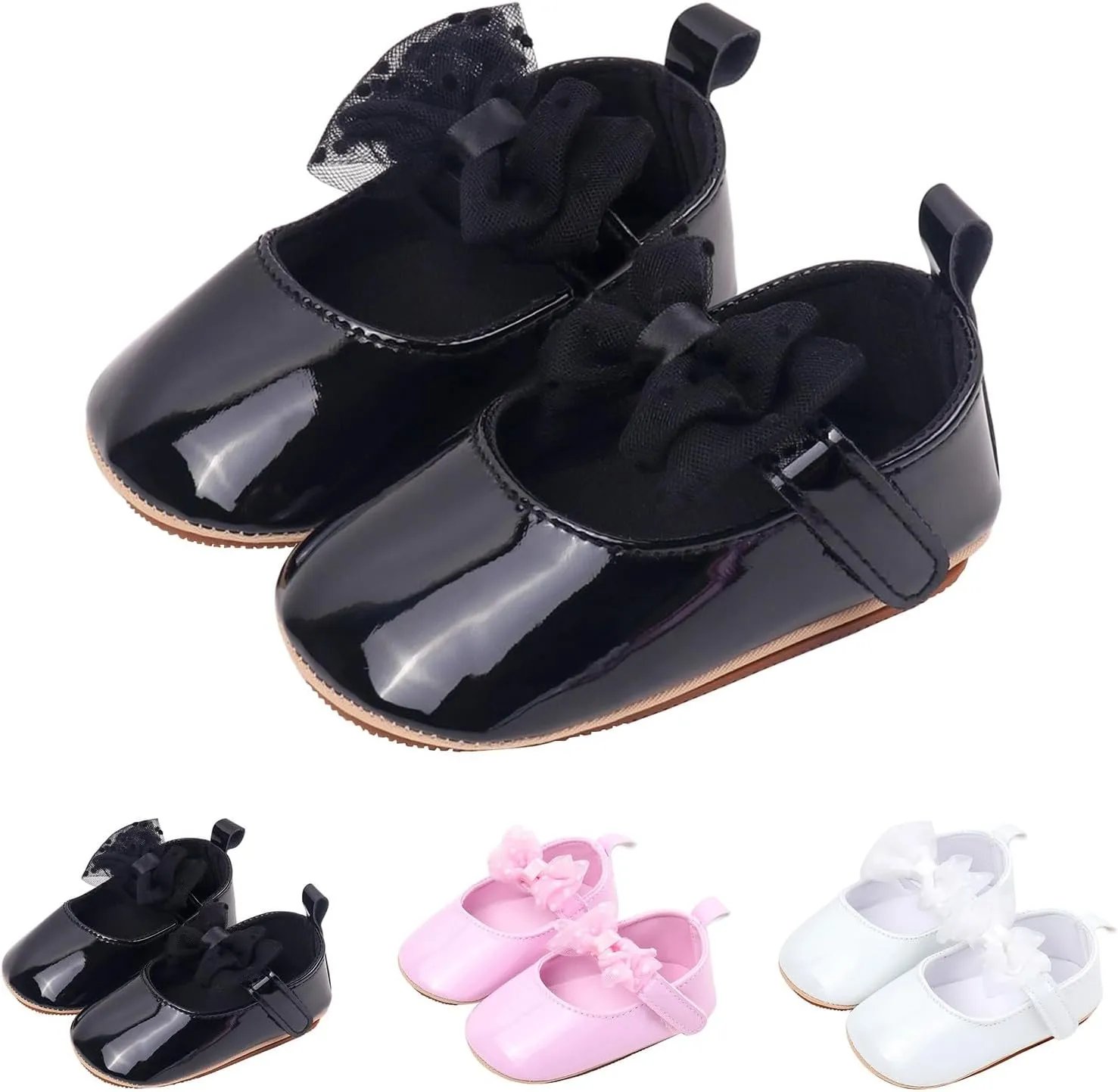 Newborn Baby Girl Leather Dress Shoes Infant Prewalker Mary Jane with Bowknot Lightweight Anti-Slip Princess Flats