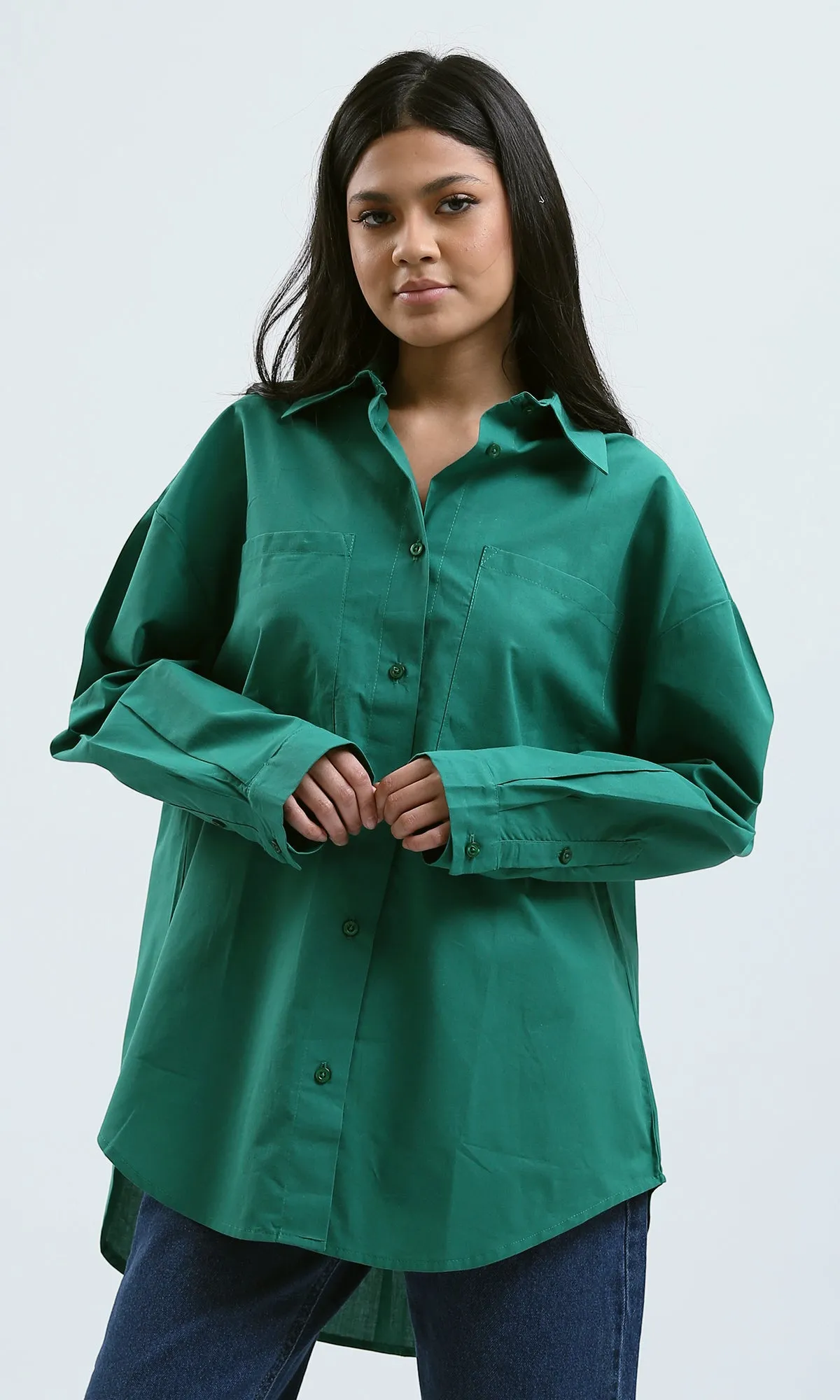 O179208 Solid Buttons Down Green Long Sleeve Shirt