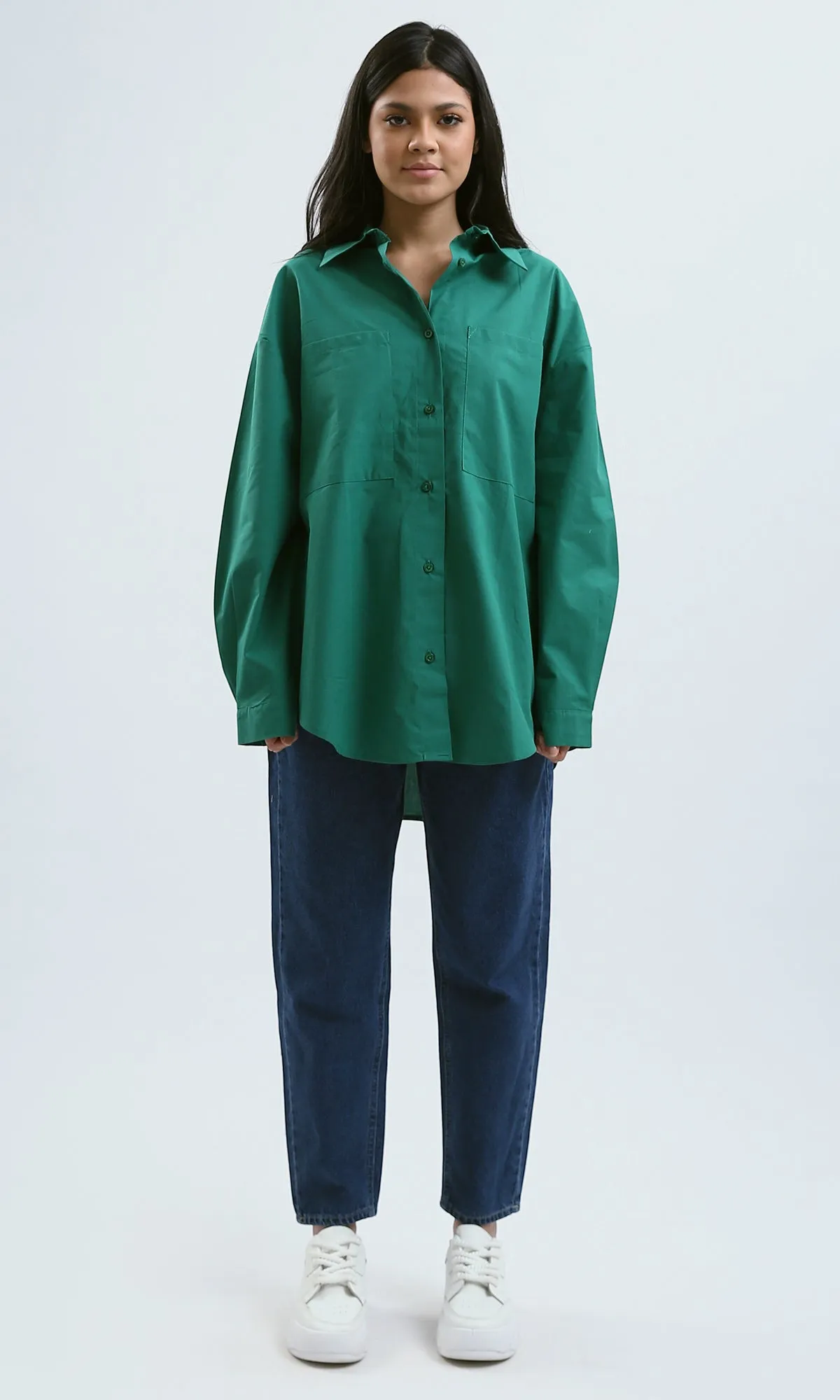 O179208 Solid Buttons Down Green Long Sleeve Shirt