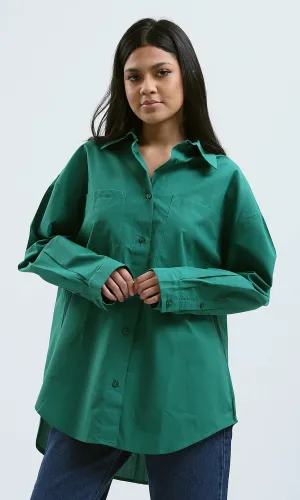 O179208 Solid Buttons Down Green Long Sleeve Shirt