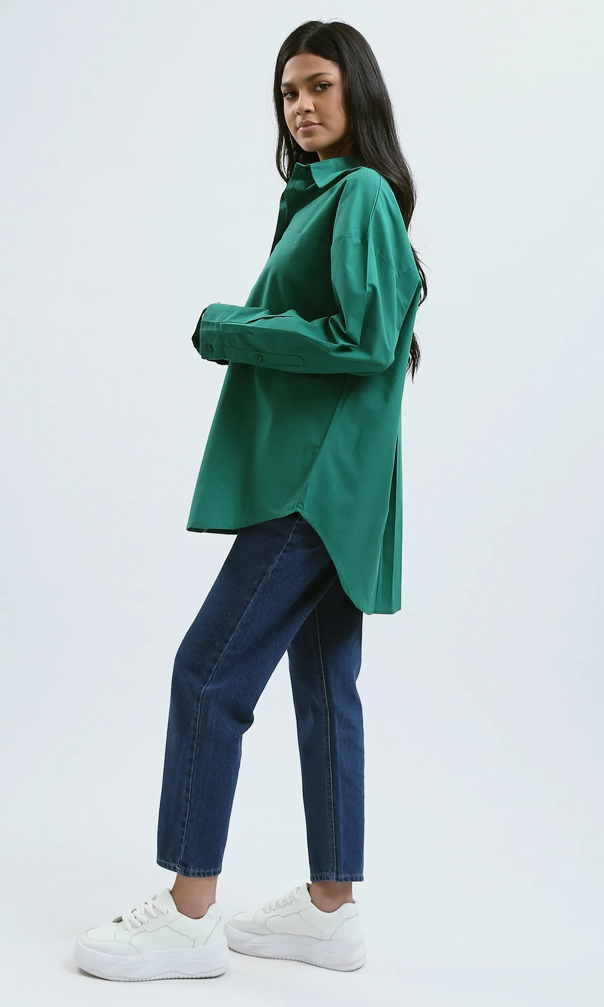O179208 Solid Buttons Down Green Long Sleeve Shirt