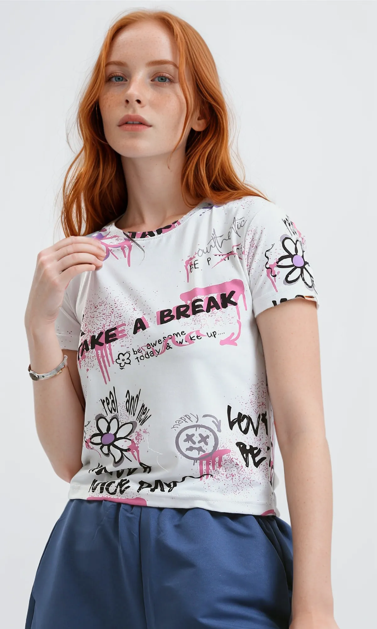 O182835 Colorful Flowers Crew Neck Summer Tee - Multicolour