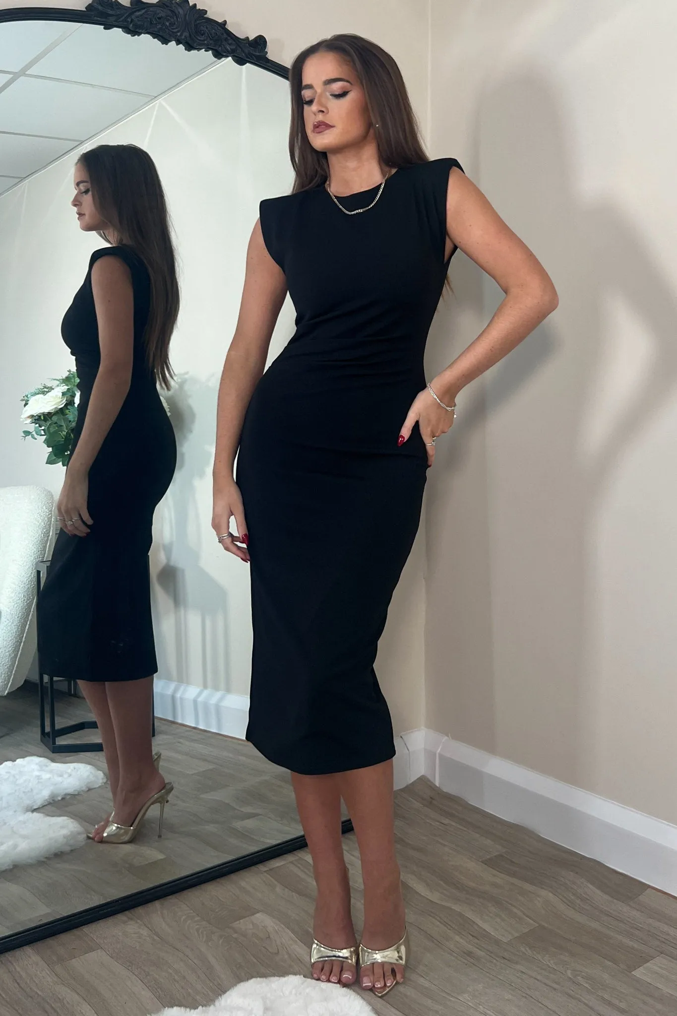 Pari Black Ruched Shoulder Pad Midi Dress